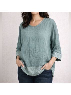 Bellambra Sequin Trim Light Teal Linen Dolman Sleeve Top size large